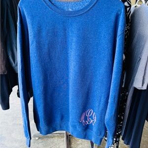 Fruit of the Loom Blue Crewneck Sweater with Pink Monogram